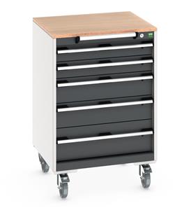 cubio mobile cabinet with 5 drawers & multiplex worktop. WxDxH: 650x650x990mm. RAL 7035/5010 or selected Bott Mobile Storage 650mm x 650mm Industrial Tool Trolleys